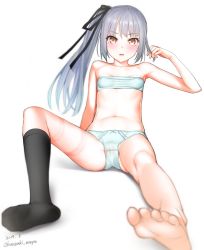 Rule 34 | 10s, 1girl, barefoot, black legwear, blurry, blush, brown eyes, depth of field, feet, foot focus, grey hair, hair ribbon, kantai collection, kasumi (kancolle), long hair, looking at viewer, no shoes, parted lips, playing with own hair, ribbon, side ponytail, single sock, socks, unworn socks, soles, toes