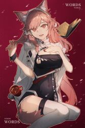 Rule 34 | 1girl, :d, absurdres, animal ear fluff, animal ears, arknights, black dress, book, breasts, cleavage, commentary request, covered navel, dress, earrings, feet out of frame, hairband, hand on own chest, highres, huajiaohaibao, jacket, jewelry, large breasts, long hair, looking at viewer, official alternate costume, open mouth, pink eyes, pink hair, pozyomka (arknights), pozyomka (snowy plains in words) (arknights), red background, simple background, smile, solo, thighhighs, thighs, white hairband, white jacket, white thighhighs, wolf ears
