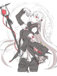 Rule 34 | 1girl, arknights, arm up, armband, bag, bare shoulders, bat (animal), black dress, black pantyhose, blood, blood bag, blood from mouth, blood on face, braid, commentary request, cross, crown braid, detached sleeves, dress, greyscale, hair between eyes, hair ornament, highres, holding, holding staff, hood, hood down, long hair, looking at viewer, monochrome, pale skin, pantyhose, pointy ears, pouch, red eyes, shoulder bag, silver hair, simple background, sketch, sleeveless, sleeveless dress, slit pupils, solo, staff, ume (yume uta da), unfinished, vampire, very long hair, warfarin (arknights)