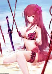 Rule 34 | 1girl, adapted costume, bad id, bad pixiv id, bare shoulders, bikini, breasts, cleavage, collarbone, fate/grand order, fate (series), flower, from side, gae bolg (fate), gae buidhe (fate), gae dearg (fate), hair flower, hair ornament, hibiscus, holster, large breasts, long hair, looking at viewer, looking to the side, navel, nekoya (liu), partially submerged, planted, purple bikini, purple hair, red eyes, revision, sarong, scathach (fate), scathach (fate/grand order), scathach (swimsuit assassin) (fate), solo, stomach, swimsuit, thigh holster, very long hair, weapon