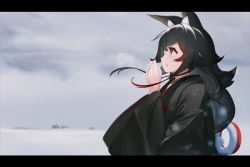 Rule 34 | 1girl, animal ear fluff, animal ears, bad id, bad pixiv id, black hair, black kimono, blush, brown eyes, commentary request, from side, hands up, highres, hololive, hololive gamers, japanese clothes, kimono, letterboxed, long hair, long sleeves, looking away, multicolored hair, ookami mio, outdoors, parted lips, red hair, shiranai02, snow, solo, streaked hair, upper body, virtual youtuber, wide sleeves, wolf ears