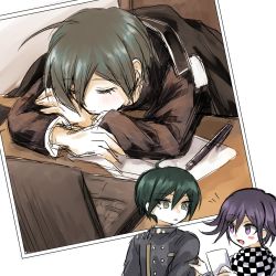 Rule 34 | 2boys, ahoge, black hair, blush stickers, buttons, checkered clothes, checkered neckwear, checkered scarf, commentary request, computer, danganronpa (series), danganronpa v3: killing harmony, double-breasted, gakuran, green eyes, hair between eyes, highres, jacket, laptop, long sleeves, looking at another, male focus, multiple boys, multiple views, oma kokichi, open mouth, pen, photo (object), purple eyes, purple hair, saihara shuichi, scarf, school uniform, short hair, simple background, sketch, sleeping, smile, striped clothes, striped jacket, uyamuya (buta), white background
