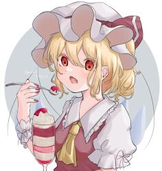 Rule 34 | 1girl, ascot, blonde hair, breasts, chakoto 96, collared shirt, eating, fang, fingernails, flandre scarlet, food, frilled shirt collar, frilled sleeves, frills, fruit, grey background, hair between eyes, hat, hat ribbon, highres, holding, holding spoon, ice cream, medium hair, mob cap, nail polish, open mouth, puffy short sleeves, puffy sleeves, red eyes, red nails, red ribbon, red vest, ribbon, sharp fingernails, shirt, short sleeves, simple background, small breasts, solo, spoon, strawberry, touhou, upper body, vest, white hat, white shirt, wrist cuffs, yellow ascot