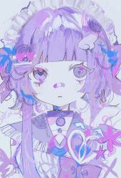 Rule 34 | 1girl, @ @, absurdres, bandaid, bandaid on face, bandaid on nose, blunt bangs, bow, choker, grey background, heart, highres, long hair, looking at viewer, maid headdress, original, purple bow, purple choker, purple eyes, purple hair, purple theme, sidelocks, sketch, slept sui, solo, spiral, twitter username, upper body, watermark