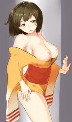 Rule 34 | 10s, 1girl, bare legs, blush, bottomless, breasts, breasts out, brown eyes, brown hair, collarbone, commentary request, from side, hand on own hip, highres, hiryuu (kancolle), japanese clothes, jewelry, kantai collection, kimono, large breasts, nipples, no bra, off shoulder, open mouth, poco (backboa), ring, short hair, short kimono, solo, standing