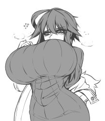 Rule 34 | 1girl, ahoge, arm behind back, blush, breasts, coat, unworn coat, cowboy shot, curvy, embarrassed, flying sweatdrops, from below, greyscale, hair between eyes, hand on own chest, highres, huge breasts, long hair, long sleeves, looking away, monochrome, original, ribbed sweater, shy, sidelocks, simple background, sub-res, sweater, tall female, white background