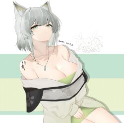 Rule 34 | 1girl, absurdres, animal ears, arknights, bare shoulders, breasts, cat ears, cleavage, collarbone, commentary request, dress, green dress, green eyes, grey hair, highres, kal&#039;tsit (arknights), large breasts, long sleeves, looking at viewer, material growth, off shoulder, oripathy lesion (arknights), sarea (sarea2020), short dress, short hair, sitting, solo