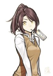Rule 34 | 1girl, blazer, brown hair, commentary request, drinking, highres, jacket, juice box, looking at viewer, open collar, original, poaro, ponytail, shirt, signature, simple background, solo, white background, white shirt, yellow eyes