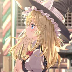 Rule 34 | 1girl, black hat, black vest, blonde hair, blue eyes, blurry, blurry background, blush, bow, braid, closed mouth, commentary request, day, depth of field, frilled hat, frills, from side, hair bow, hands on own chest, hat, hat bow, holding, kirisame marisa, long hair, outdoors, puffy short sleeves, puffy sleeves, red bow, short sleeves, side braid, solo, stone lantern, sunlight, touhou, turtleneck, upper body, vest, white bow, witch hat, yuuka nonoko