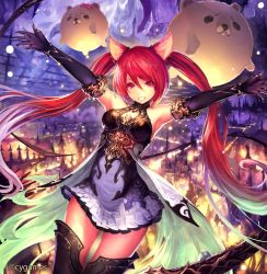 Rule 34 | 10s, 1girl, animal ears, armpits, bare shoulders, black gloves, black thighhighs, cerberus (shingeki no bahamut), dog ears, dress, elbow gloves, gloves, long hair, outstretched arms, red eyes, red hair, shingeki no bahamut, short dress, smile, solo, tachikawa mushimaro, thighhighs, twintails, very long hair