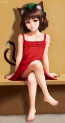Rule 34 | 1girl, against wall, alternate costume, animal ear fluff, animal ear piercing, animal ears, arm support, armpit crease, arms at sides, bare arms, bare legs, bare shoulders, barefoot, black nails, brown eyes, brown hair, cat ears, cat tail, chen, closed mouth, collarbone, crossed legs, dress, drop shadow, earrings, extra ears, feet, flat chest, freckles, frills, full body, green hat, hat, highres, jewelry, leaning to the side, legs, light blush, light smile, lips, looking at viewer, mob cap, multiple tails, nail polish, nekomata, red dress, short hair, single earring, sitting, solo, tail, toenail polish, toenails, toes, touhou, two tails, yyf (seaknight)
