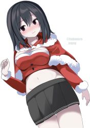 Rule 34 | 1girl, akitsu maru (kancolle), alternate costume, black eyes, black hair, black skirt, blush, breasts, capelet, cowboy shot, detached sleeves, fathom, fur-trimmed capelet, fur trim, highres, kantai collection, large breasts, midriff, pale skin, pleated skirt, red capelet, short hair, simple background, skirt, solo, strapless, tube top, twitter username, white background