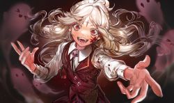 Rule 34 | 1girl, 666666ttr, artist name, blood, commentary, commission, highres, hitodama, long hair, long sleeves, looking at viewer, open mouth, original, red eyes, red vest, russian commentary, shirt, solo, teeth, vest, white hair, white shirt
