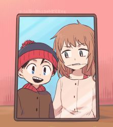 Rule 34 | 1boy, 1girl, beanie, black hair, blue eyes, braces, brother and sister, brown hair, coat, hat, open mouth, photo (object), shelley marsh, siblings, smile, south park, stan marsh, translation request, tsunoji, winter clothes, winter coat