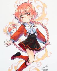 Rule 34 | 1girl, artist name, braid, clenched hand, fire, floating, highres, ibi chuan, long hair, looking at viewer, magic knight rayearth, open hand, red eyes, red hair, school uniform, serafuku, shidou hikaru, solo, spanish commentary