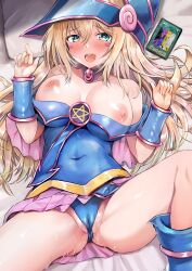 Rule 34 | 1girl, :d, ass, bare shoulders, blonde hair, blush stickers, breasts, cameltoe, change of heart, cleavage, cleft of venus, collarbone, covered navel, dark magician girl, duel monster, gloves, green eyes, hands up, hat, highres, large breasts, long hair, looking at viewer, lying, nipples, on back, open mouth, pussy juice, saliva, shiny skin, smile, solo, spread legs, staryume, teeth, upper teeth only, wizard hat, yu-gi-oh!