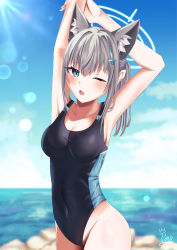 Rule 34 | 1girl, absurdres, animal ear fluff, animal ears, artist logo, black one-piece swimsuit, blue archive, blue eyes, blue sky, breasts, cloud, commission, competition swimsuit, covered navel, cowboy shot, cross hair ornament, day, extra ears, grey hair, hair ornament, halo, highres, horizon, low ponytail, medium breasts, medium hair, misakingu, mismatched pupils, multicolored clothes, multicolored swimsuit, ocean, one-piece swimsuit, one eye closed, outdoors, shiroko (blue archive), shiroko (swimsuit) (blue archive), sky, solo, stretching, swimsuit