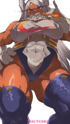 Rule 34 | 1girl, 1up, abs, absurdres, alternate breast size, angry, animal ears, boku no hero academia, breasts, carrot, dark-skinned female, dark skin, eating, feet out of frame, food, gloves, hand on own hip, highres, large breasts, looking down, mirko, muscular, muscular female, navel, pov, rabbit ears, red eyes, sharp teeth, simple background, smile, teeth, thighs, white background, white hair, yasutomo! (akuasky)