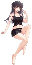 Rule 34 | 1girl, absurdres, bare arms, bare legs, bare shoulders, barefoot, black hair, black shirt, black skirt, blunt bangs, breasts, collarbone, commentary request, eyelashes, fang, feet, forehead, full body, highres, idolmaster, idolmaster shiny colors, knee up, long bangs, long hair, mayuzumi fuyuko, midriff, miniskirt, navel, off shoulder, open mouth, shirt, sikimosh, simple background, skirt, solo, tank top, toes, two side up, white background, yellow eyes