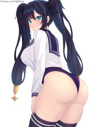 Rule 34 | 1girl, alternate costume, ass, black thighhighs, blush, breasts, commentary, english commentary, from behind, genshin impact, green eyes, hair ornament, highres, large breasts, long hair, long sleeves, looking at viewer, looking back, mona (genshin impact), nottytiffy, one-piece swimsuit, parted lips, patreon username, purple one-piece swimsuit, school uniform, serafuku, shirt, simple background, smile, solo, swimsuit, swimsuit under clothes, thighhighs, thighs, twintails, white background, white shirt