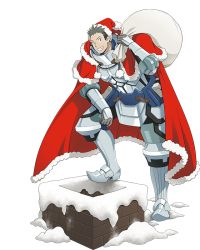 Rule 34 | 1boy, armor, armored boots, bag, boots, box, cape, faulds, fireplace, frilled hat, frills, full armor, full body, gift, gift box, gloves, grey gloves, grin, hat, holding, holding bag, leg armor, log horizon, looking at viewer, male focus, naotsugu (log horizon), official art, red cape, red hat, santa hat, smile, solo, spiked hair, transparent background