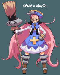 Rule 34 | blush, boots, broom, dress, flat chest, glasses, grin, hat, long hair, original, pink hair, rumie, smile, solo, very long hair