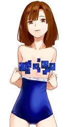 Rule 34 | 1girl, bad id, bad pixiv id, breasts, brown eyes, brown hair, censored, cicari, clothes pull, collarbone, competition school swimsuit, contrapposto, cowboy shot, glitch, glitch censor, highres, kilt hide, kitanaga, looking at viewer, one-piece swimsuit, one-piece swimsuit pull, parted lips, school swimsuit, short hair, simple background, small breasts, smile, solo, swimsuit, ueno-san wa bukiyou, undressing, white background