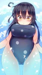 Rule 34 | 10s, 1girl, absurdres, black hair, blue sky, blue one-piece swimsuit, breasts, cloud, day, from below, highres, kantai collection, large breasts, long hair, looking at viewer, looking down, motty, one-piece swimsuit, partially submerged, polka dot, polka dot swimsuit, sky, solo, swimsuit, ushio (kancolle), water