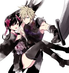 Rule 34 | 1boy, 1girl, armor, black footwear, black hair, black kimono, black thighhighs, blonde hair, blue eyes, boots, buster sword, closed mouth, cloud strife, commentary request, final fantasy, final fantasy vii, final fantasy vii remake, flower, gloves, hair flower, hair ornament, hand on another&#039;s back, holding, holding sword, holding weapon, huge weapon, japanese clothes, kimono, long hair, lowres, mono0805, official alternate costume, open mouth, red eyes, red flower, ribbed sweater, shoulder armor, simple background, single bare shoulder, sleeveless, sleeveless turtleneck, spiked hair, sweater, swept bangs, sword, thighhighs, thighs, tifa lockhart, tifa lockhart (exotic dress), turtleneck, turtleneck sweater, wall market, weapon, white background