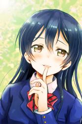 Rule 34 | 10s, 1girl, blazer, blouse, blue hair, finger to mouth, grin, hair between eyes, highres, jacket, light smile, lilylion26, lips, long hair, looking at viewer, love live!, love live! school idol project, necktie, portrait, pov, school uniform, shirt, shushing, smile, solo, sonoda umi, white shirt, yellow eyes