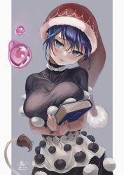 Rule 34 | 1girl, blob, blue eyes, blue hair, book, breasts, closed mouth, dated, doremy sweet, grey background, haruno (kuromitugozen), hat, highres, holding, holding book, large breasts, looking at viewer, nightcap, outside border, pom pom (clothes), red hat, short hair, signature, simple background, solo, tail, tapir tail, touhou, twitter username