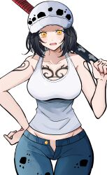 Rule 34 | 1girl, absurdres, arm tattoo, black hair, breasts, chest tattoo, commentary, cowboy shot, denim, genderswap, genderswap (mtf), hand on own hip, hand tattoo, hat, highres, holding, holding sword, holding weapon, jeans, kasuga kaya, large breasts, medium hair, one piece, open mouth, open pants, pants, solo, sweatdrop, sword, tank top, tattoo, trafalgar law, weapon, white tank top, yellow eyes