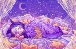 Rule 34 | 1girl, commentary, commission, crescent moon, curtains, english commentary, closed eyes, full body, highres, moon, multicolored hair, night, night sky, original, pajamas, pillow, rosewater, sky, sleeping, slippers, smile, solo, star (sky), starry sky, two-tone hair