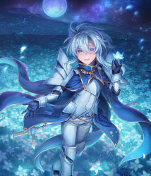 Rule 34 | 1other, :d, absurdres, androgynous, armor, bad id, bad pixiv id, black gloves, blue cape, blue eyes, blue hair, breastplate, cape, flower, full moon, gloves, hair between eyes, hand up, highres, holding, holding flower, knight (shichigatsu), looking at viewer, medium hair, armored boots, milky way, moon, open mouth, original, outdoors, pants, pauldrons, shichigatsu, shoulder armor, smile, solo, star (sky), sword, walking, weapon, white pants