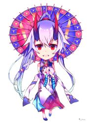 Rule 34 | 1girl, chibi, china dress, chinese clothes, detached sleeves, dress, fate/grand order, fate (series), heroic spirit traveling outfit, highres, horns, kyarameru76, long hair, looking at viewer, oni horns, ponytail, red eyes, red horns, sidelocks, silver hair, solo, tomoe gozen (fate), tomoe gozen (traveling outfit) (fate), very long hair, white dress, white sleeves