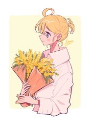 Rule 34 | 1girl, blush, bouquet, collared shirt, earrings, flower, grey eyes, highres, holding, holding bouquet, holding flower, jewelry, kisaragi yuu (fallen sky), long sleeves, original, profile, shadow, shirt, signature, smile, solo, upper body, white shirt, yellow flower, yellow theme