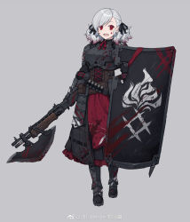 Rule 34 | 12-gauge, 12-gauge (2 3/4 inch shell), 1girl, ammunition, armor, blood, blood on clothes, blood on face, bloody weapon, combat shotgun, crazy eyes, darkest dungeon, dual-mode shotgun, full body, girls&#039; frontline, grey background, grey hair, gun, high brass, highres, looking at viewer, name connection, official alternate costume, overpressure ammunition, plate armor, pump-action shotgun, pump action, red eyes, semi-automatic firearm, semi-automatic shotgun, shield, shotgun, shotgun shell, spas-12, spas-12 (girls&#039; frontline), spas-12 (goblin huntress) (girls&#039; frontline), terras, twintails, weapon