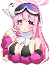 Rule 34 | 1girl, absurdres, animal, bikini, bird, black bikini, blue archive, blush, breasts, cleavage, eimi (blue archive), eimi (swimsuit) (blue archive), goggles, goggles on head, halo, highres, jacket, large breasts, long hair, long sleeves, official alternate costume, open clothes, open jacket, parted lips, penguin, petako (ptpt k), pink eyes, pink hair, pink halo, pink jacket, simple background, ski goggles, solo, swimsuit, upper body, very long hair, white background