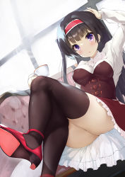Rule 34 | 1girl, black hair, black thighhighs, bodice, breasts, crossed legs, cup, dutch angle, frilled skirt, frills, hairband, high heels, highres, holding, holding cup, long hair, looking at viewer, medium breasts, ochinsama, original, purple eyes, skirt, solo, teacup, thighhighs
