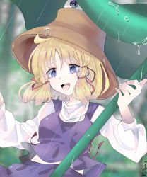 Rule 34 | 1girl, blonde hair, blue eyes, commentary, commentary request, hair ribbon, holding, holding leaf, holding umbrella, leaf, leaf umbrella, moriya suwako, purple skirt, purple vest, rain, red ribbon, ribbon, rin-rin-, skirt, sleeves past wrists, touhou, umbrella, vest, water drop
