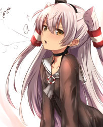 Rule 34 | ..., 10s, 1girl, amatsukaze (kancolle), breath, brown eyes, choker, collarbone, dress, hair tubes, hairband, kantai collection, long hair, looking at viewer, sailor collar, sailor dress, short dress, silver hair, simple background, solo, spoken ellipsis, steam, tai (nazutai), two side up, white background
