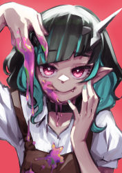 Rule 34 | 1girl, nanashi inc., black hair, blue hair, blue nails, closed mouth, commentary request, demon girl, demon horns, fang, fang out, flat chest, heebee, highres, horns, licking lips, looking at viewer, medium hair, multicolored hair, nail polish, pink eyes, pointy ears, red background, shishio chris, simple background, smile, solo, sugar lyric, tongue, tongue out, two-tone hair, upper body, virtual youtuber