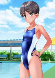 Rule 34 | 1girl, absurdres, bench, black hair, blue sky, blue one-piece swimsuit, breasts, cameltoe, clothes writing, cloud, commentary request, competition swimsuit, covered navel, day, fence, green eyes, grin, hands on own hips, highres, lifeguard chair, multicolored clothes, multicolored swimsuit, one-piece swimsuit, one-piece tan, original, outdoors, pool, poolside, short hair, sky, small breasts, smile, solo, swimsuit, takafumi, tan, tanline