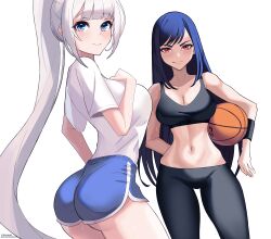 Rule 34 | 2girls, absurdres, ass, ball, bare shoulders, basketball, basketball (object), black bra, black pants, blue eyes, blue hair, blunt bangs, bra, breast suppress, breasts, cleavage, closed mouth, collarbone, contrapposto, cowboy shot, dolphin shorts, from behind, highres, honeymark, large breasts, linea alba, long hair, looking at viewer, looking back, lowleg, lowleg pants, midriff, multiple girls, narrow waist, navel, original, pants, ponytail, red eyes, see-through silhouette, shirt, short shorts, short sleeves, shorts, sidelocks, simple background, smile, sports bra, sportswear, swept bangs, tented shirt, tight clothes, tight pants, underwear, very long hair, white background, white hair, white shirt, wristband