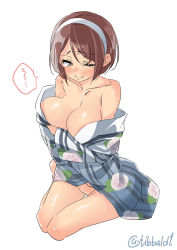 Rule 34 | 10s, 1girl, bare legs, bare shoulders, barefoot, blush, breasts, brown eyes, brown hair, cleavage, closed mouth, collarbone, covering privates, covering crotch, cropped legs, ebifurya, floral print, hair between eyes, hairband, highres, japanese clothes, kantai collection, kimono, large breasts, long sleeves, looking at viewer, natori (kancolle), no panties, off shoulder, one eye closed, print kimono, short hair, simple background, sitting, solo, speech bubble, tears, thigh gap, twitter username, white background, yokozuwari