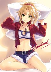 Rule 34 | 1girl, arms up, bandeau, bare legs, belt, belt buckle, blonde hair, breasts, buckle, character name, cleavage, cleavage cutout, closed mouth, clothing cutout, collarbone, cutoffs, denim, denim shorts, fate/apocrypha, fate (series), green eyes, holding, jacket, jewelry, long hair, long sleeves, looking at viewer, medium breasts, mordred (fate), mordred (fate/apocrypha), mordred (memories at trifas) (fate), navel, necklace, open clothes, open jacket, parted bangs, pendant, pillow, ponytail, red jacket, shiny skin, shorts, sidelocks, sitting, smile, solo, stomach, yashiro seika, yokozuwari