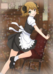 Rule 34 | 1girl, :d, aletta, apron, black footwear, black ribbon, black skirt, brown hair, frilled apron, frills, from side, green eyes, horns, indoors, isekai shokudou, looking at viewer, mary janes, miniskirt, natsuzakura yuuki, neck ribbon, on one knee, open mouth, ribbon, shirt, shoes, short hair, short sleeves, short twintails, skirt, smile, socks, solo, twintails, waist apron, white apron, white shirt, white socks, wooden floor