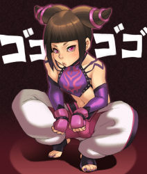 Rule 34 | 1girl, armor, bad id, bad pixiv id, baggy pants, barefoot, black hair, bracelet, crop top, detached sleeves, drill hair, gloves, halterneck, halterneck, han juri, japanese armor, jewelry, kote, lips, maou alba, nail polish, navel, pants, pointy hair, purple eyes, purple nails, short twintails, solo, spiked bracelet, spikes, squatting, street fighter, toeless legwear, toenail polish, toenails, toes, twin drills, twintails
