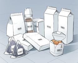 Rule 34 | barcode, bottle, box, chicken nuggets, commentary request, food, grey background, milk carton, no humans, onigiri, original, shapoco, simple background, soy sauce, still life, takeout container, tile floor, tiles, wrapper
