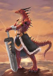 Rule 34 | claws, full body, furry, furry male, horns, jewelry, lizardman, necklace, no humans, orange sky, original, outdoors, sky, solo, standing, sunset, sword, tail, tesshii (riza4828), weapon